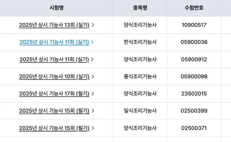 조리기능사 실기 시험 기록